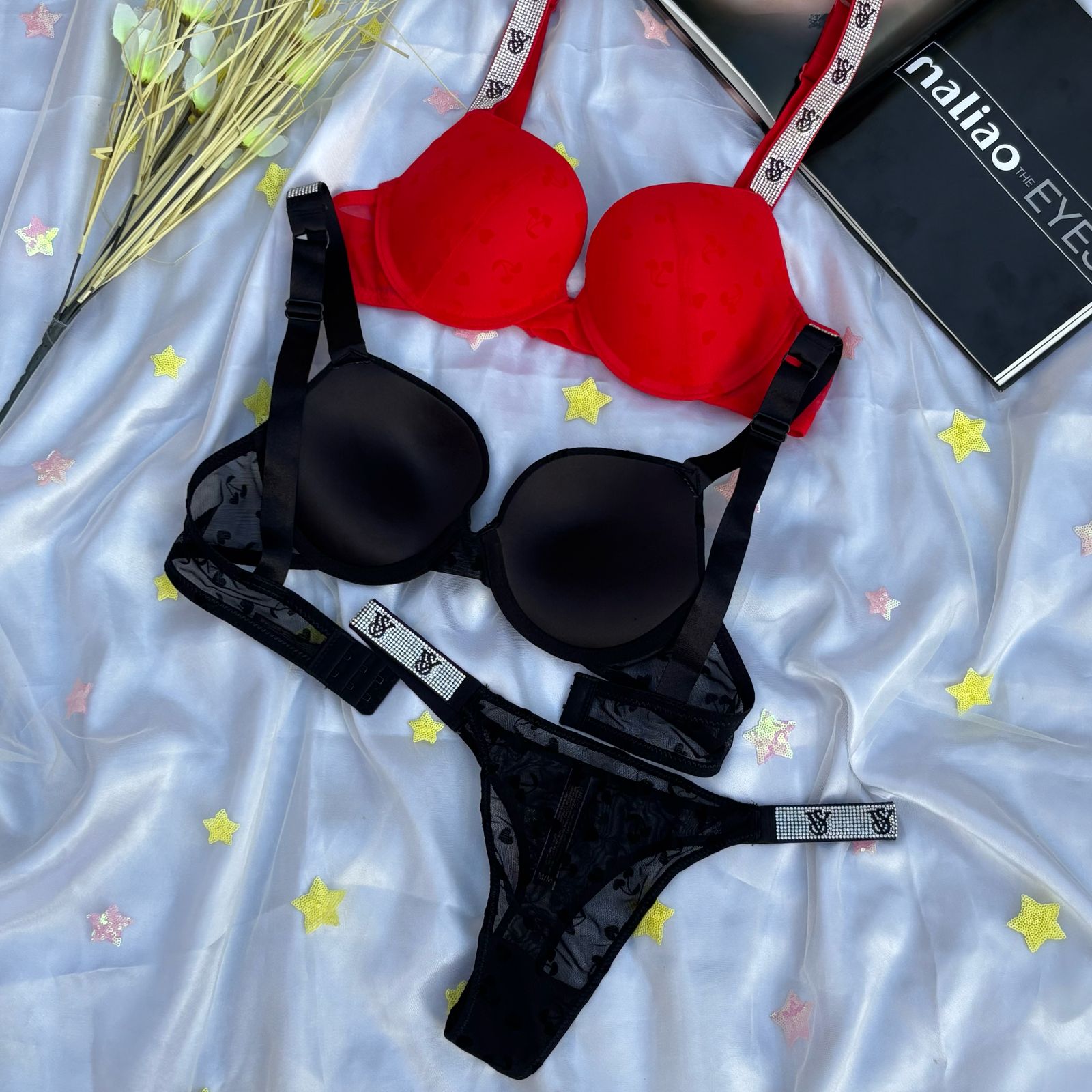 High Quality New Style Wired Rhinestone Straps Back Hook Adjustable Straps Bra & Panty Set 2408