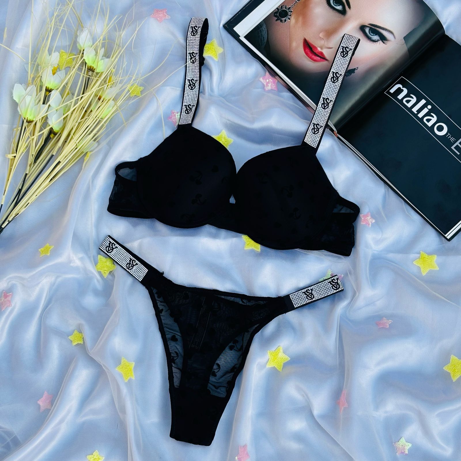 High Quality New Style Wired Rhinestone Straps Back Hook Adjustable Straps Bra & Panty Set 2408