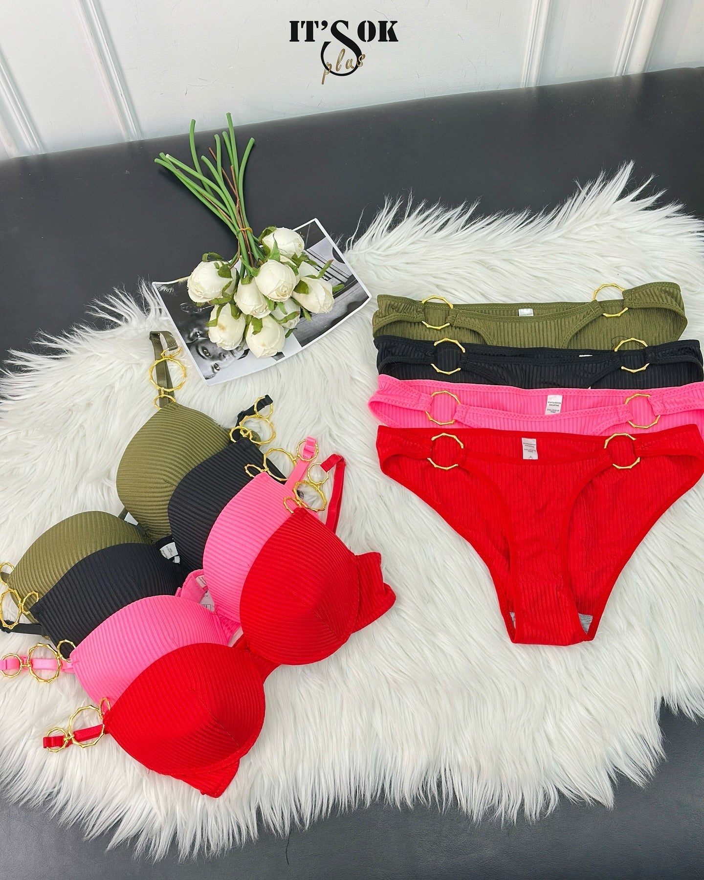 New High Quality Sexy Metal Rings Straps With Adjustable Straps Back Closure Push-Up Bra & Panty Set 196