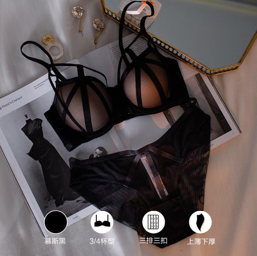 Stylish Sexy Front Cross Strips Padded Wired Bra & Panty Set 0001