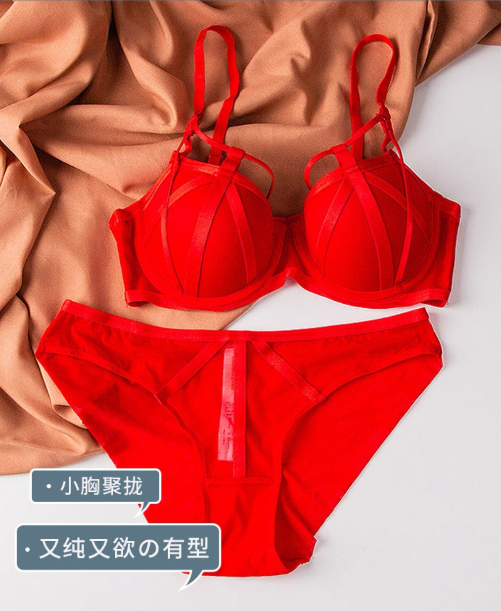 Stylish Sexy Front Cross Strips Padded Wired Bra & Panty Set 0001