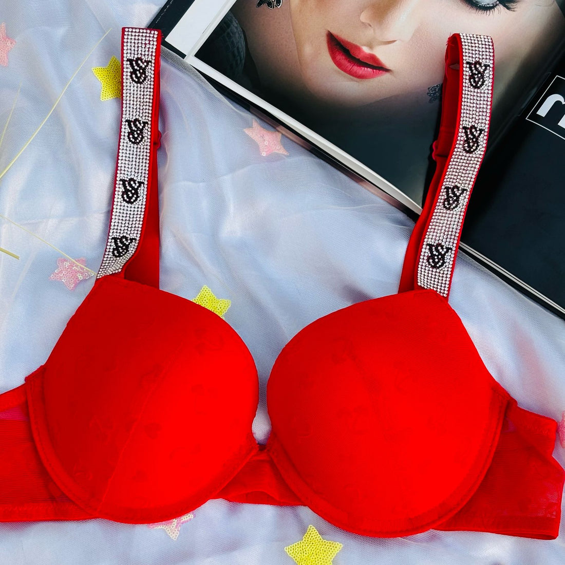 High Quality New Style Wired Rhinestone Straps Back Hook Adjustable Straps Bra & Panty Set 2408