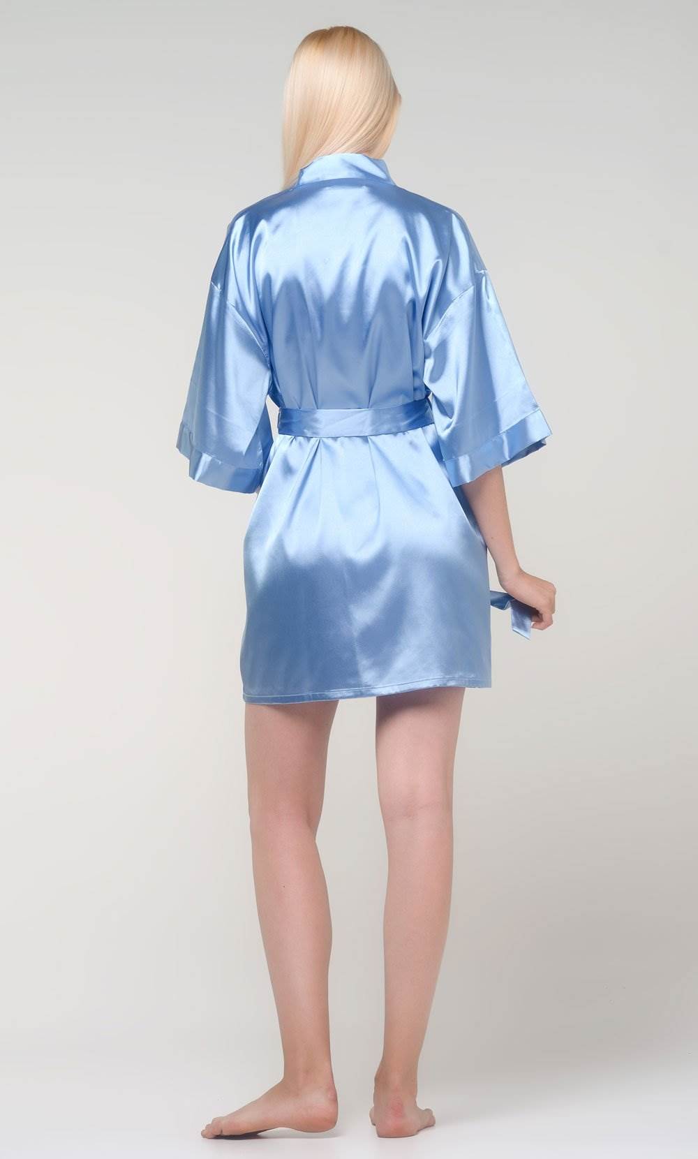 Sky Blue Silk Satin Kimono Short Robe