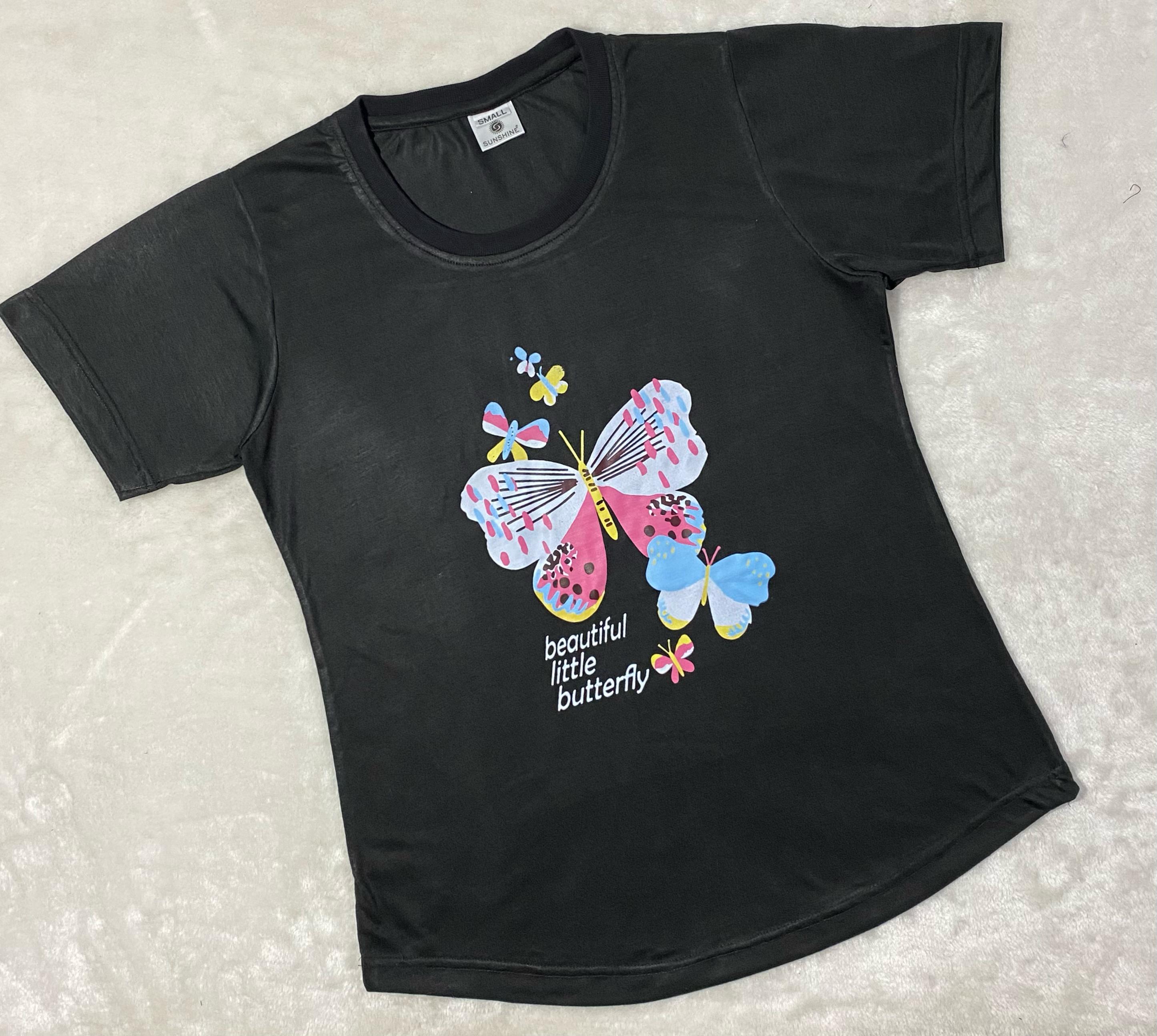 Black Butterfly Print T-Shirt Pajama Set For Ladies PJ-04