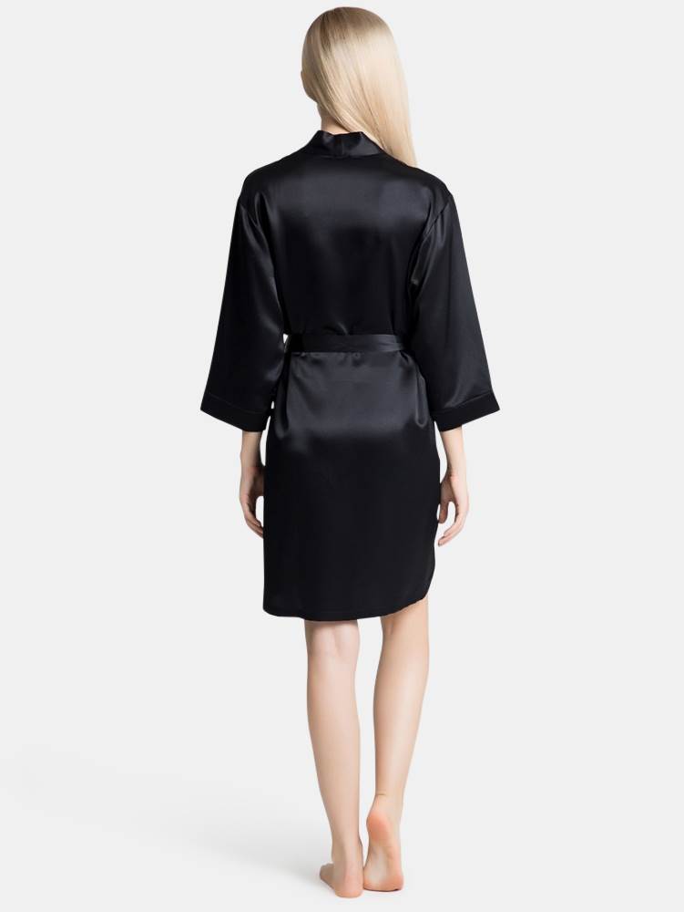Black Silk Satin Kimono Short Robe