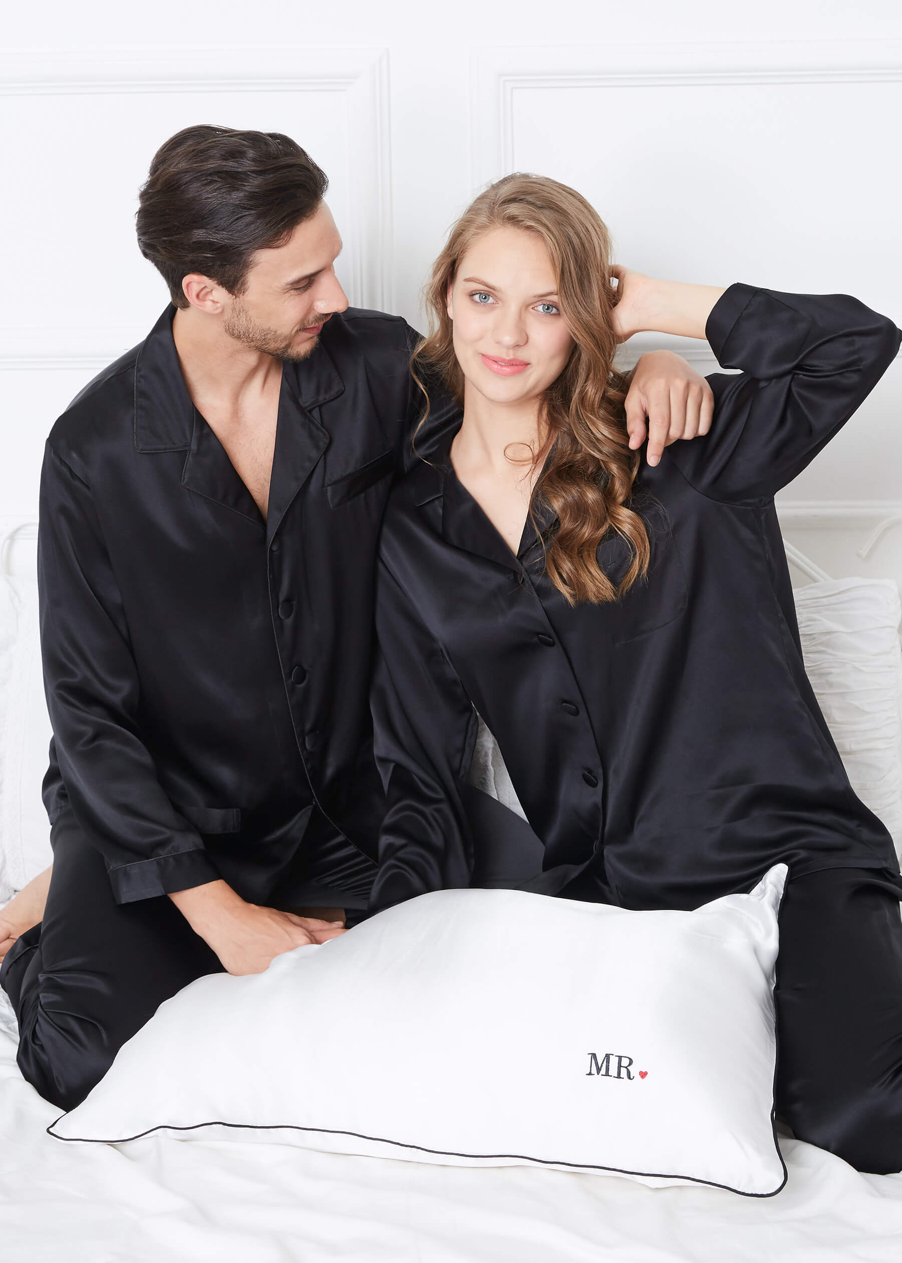 Black Silk Couple Pajamas Sets | Matching Piping