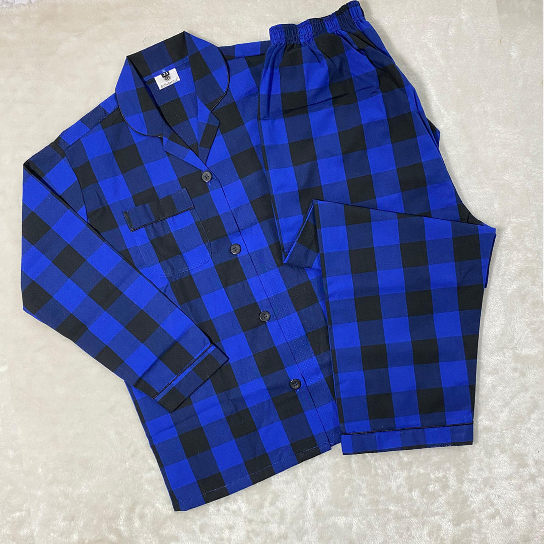 Black Blue Check Cotton Couple Night Suit Set –  CCN-49