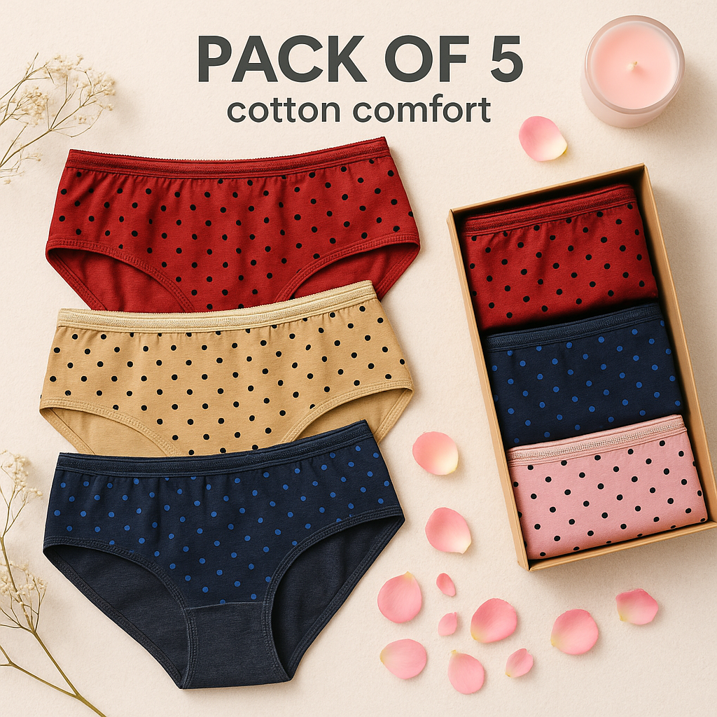 Budget Pack Of 5 Comfortable Polka Dotted Cotton Brief Women Seamless Underwear Panties 3201