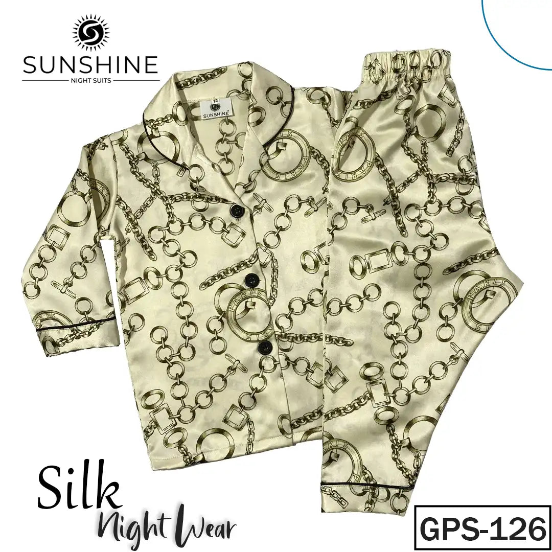 Cream Chain Printed Silk Pajamas Set For Girls – GPS-126