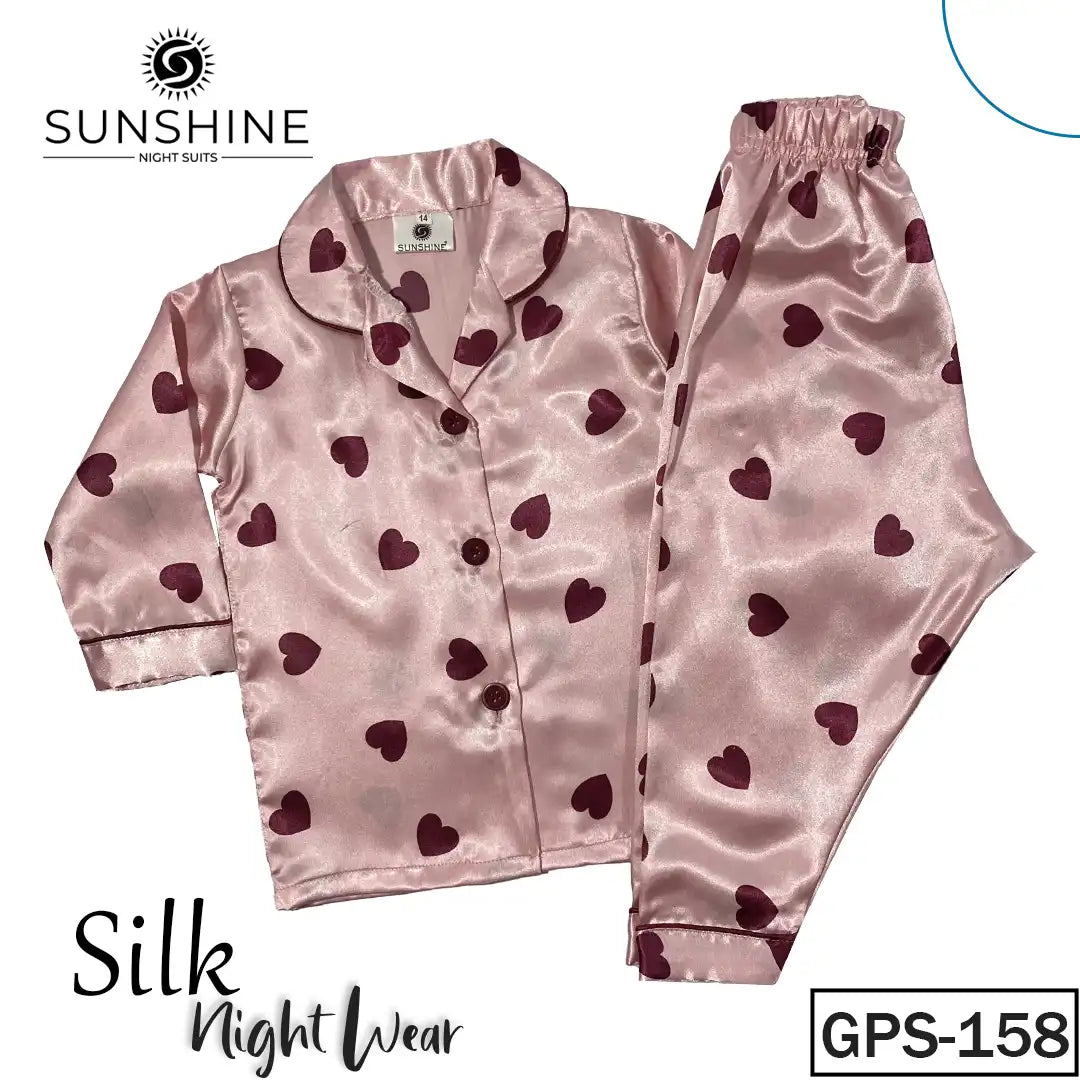 T-Pink Heart Printed Silk Pajamas Set For Girls – GPS-158
