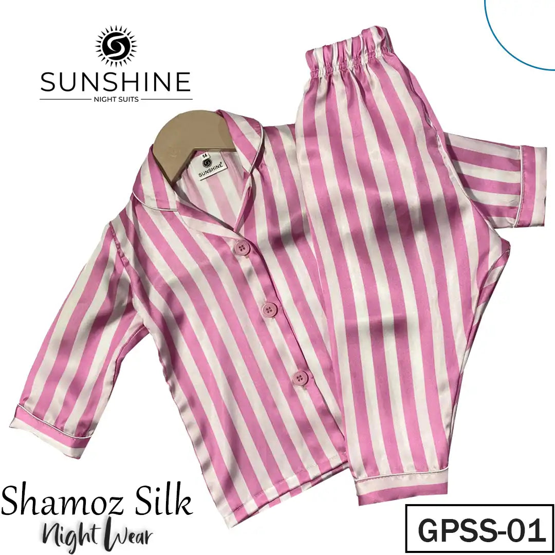 Pink Stripe Printed Shamoz Silk Pajamas Set For Girls – GPSS-01