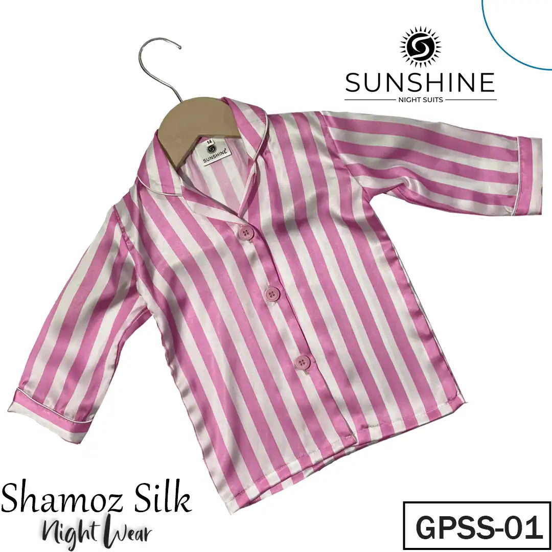 Pink Stripe Printed Shamoz Silk Pajamas Set For Girls – GPSS-01
