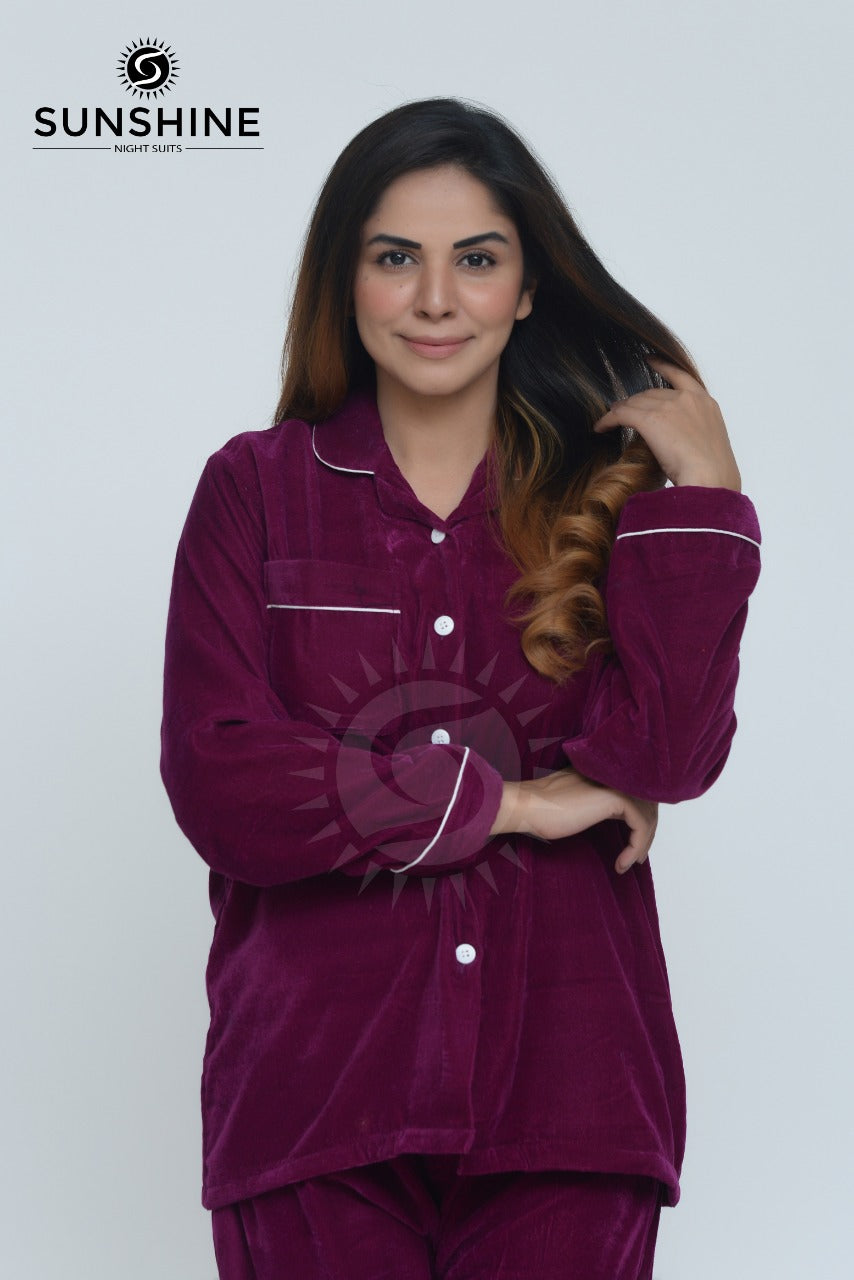 Velvet Nightwear Set For Women Magenta
