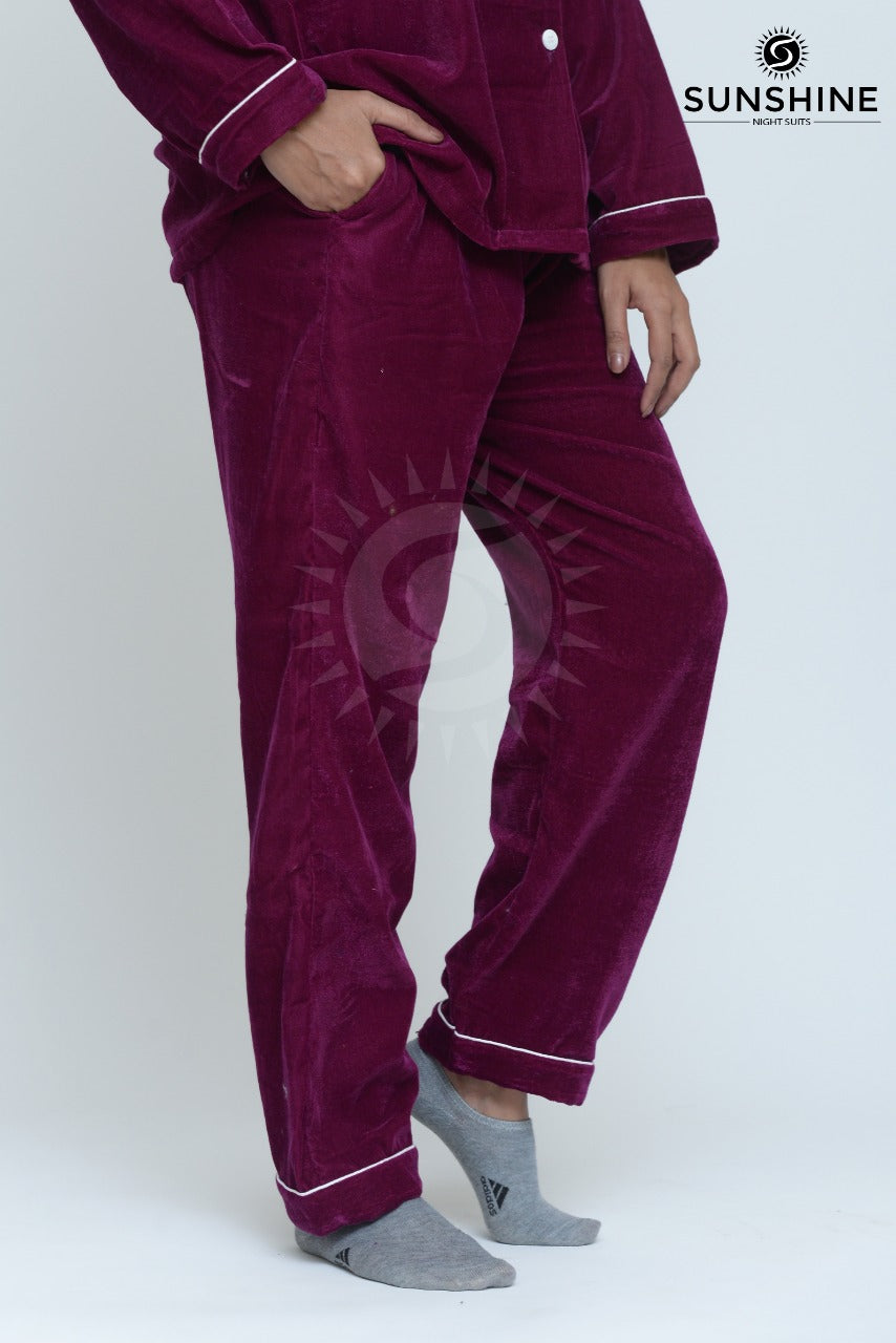 Velvet Nightwear Set For Women Magenta