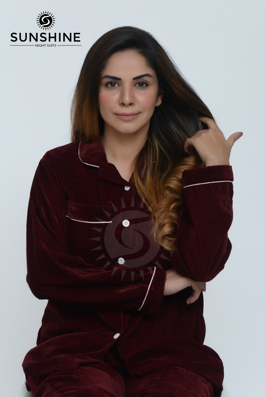 Velvet Nightwear Set For Women Maroon