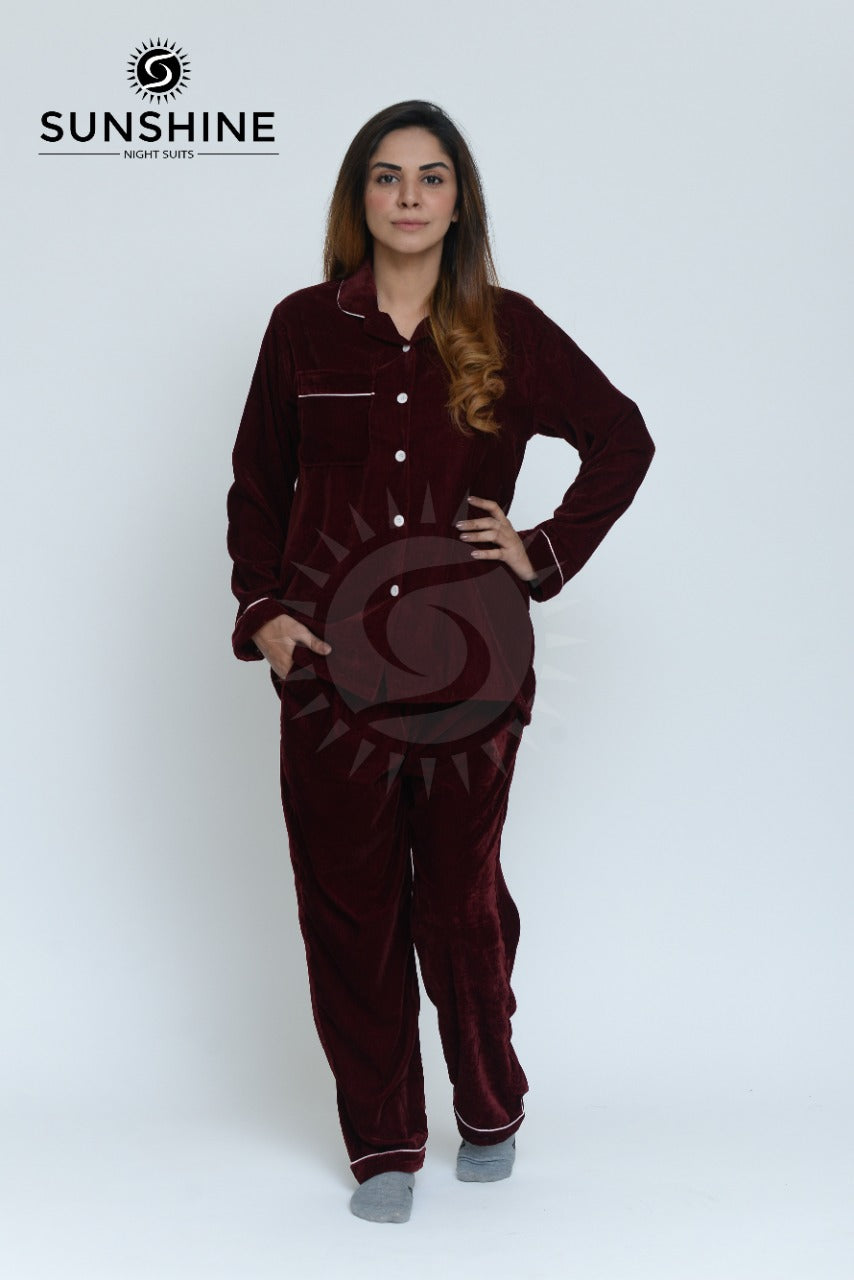 Velvet Nightwear Set For Women Maroon