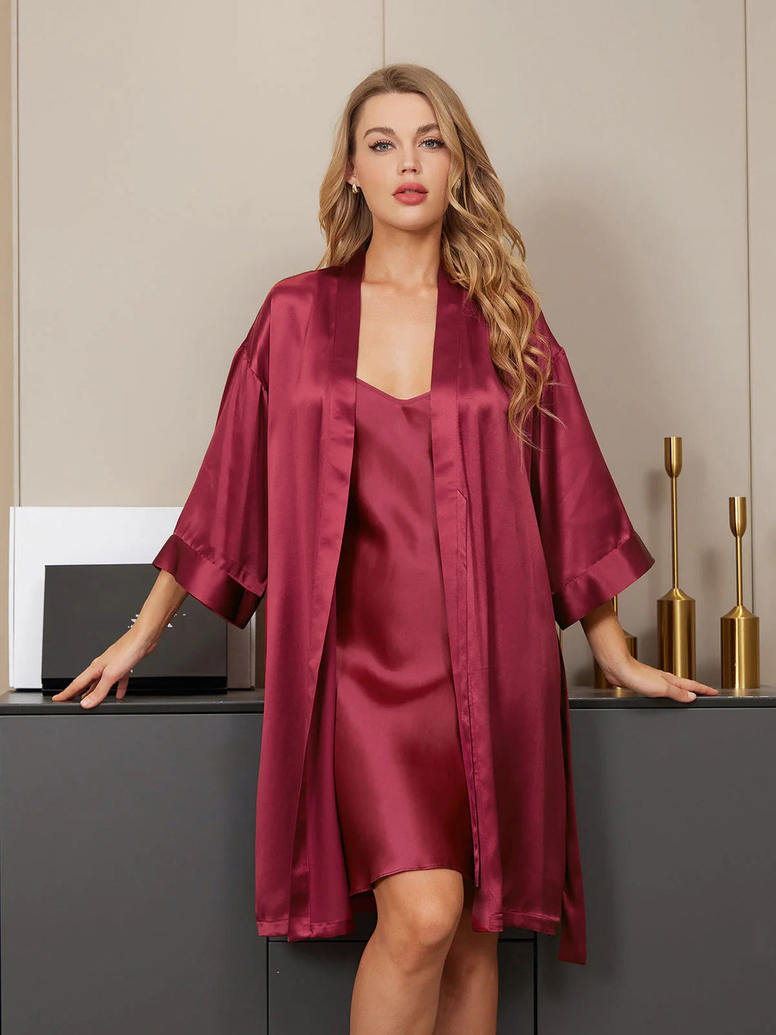 Maroon Silk 2pcs Camisole & Gown Set