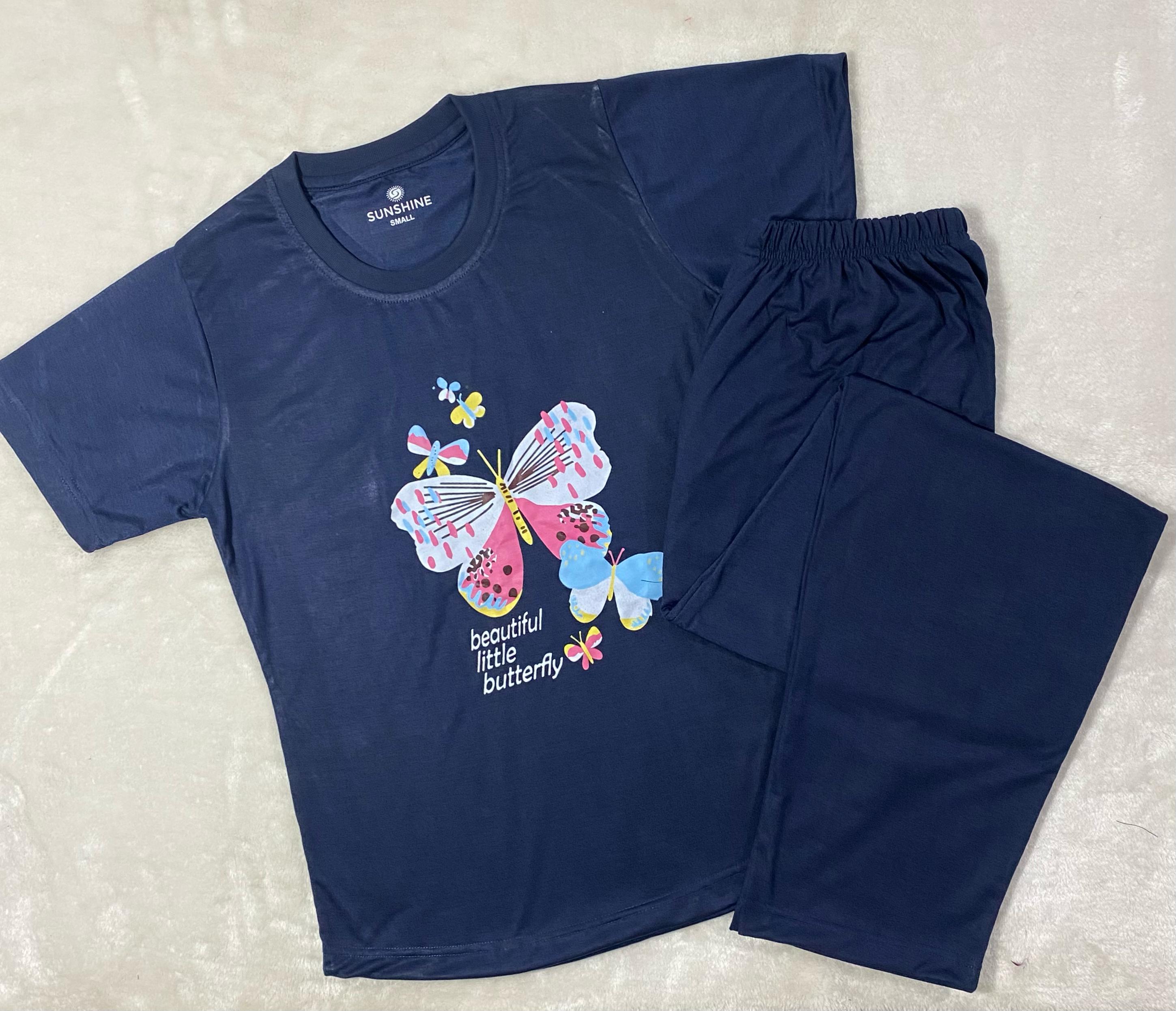 Navy Blue Butterfly Print T-Shirt Pajama Set For Ladies PJ-03