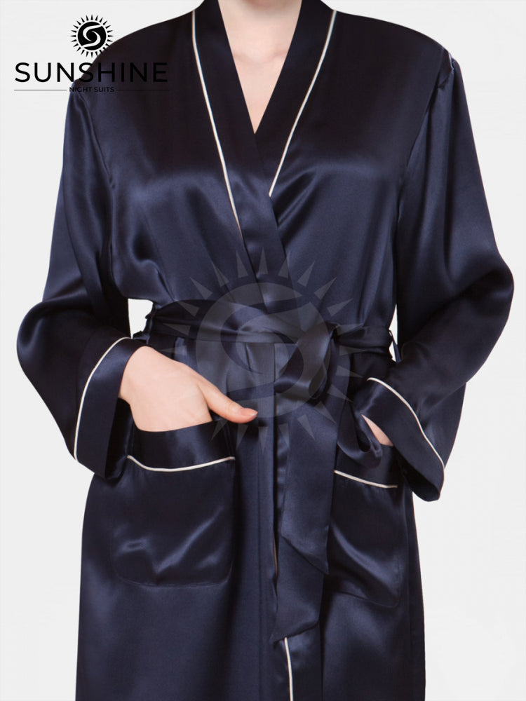 Silk Long Robe Mulberry Navy Blue