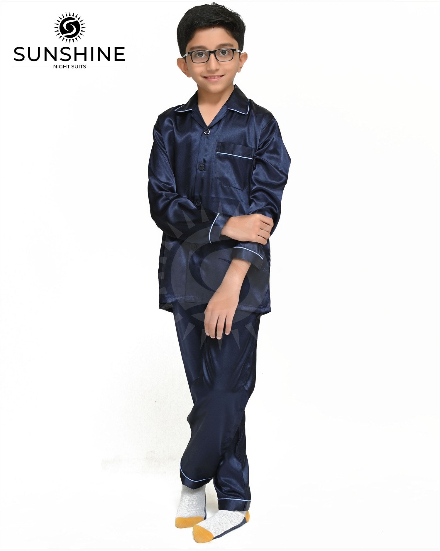 Navy Blue Silk Nightwear For Boys