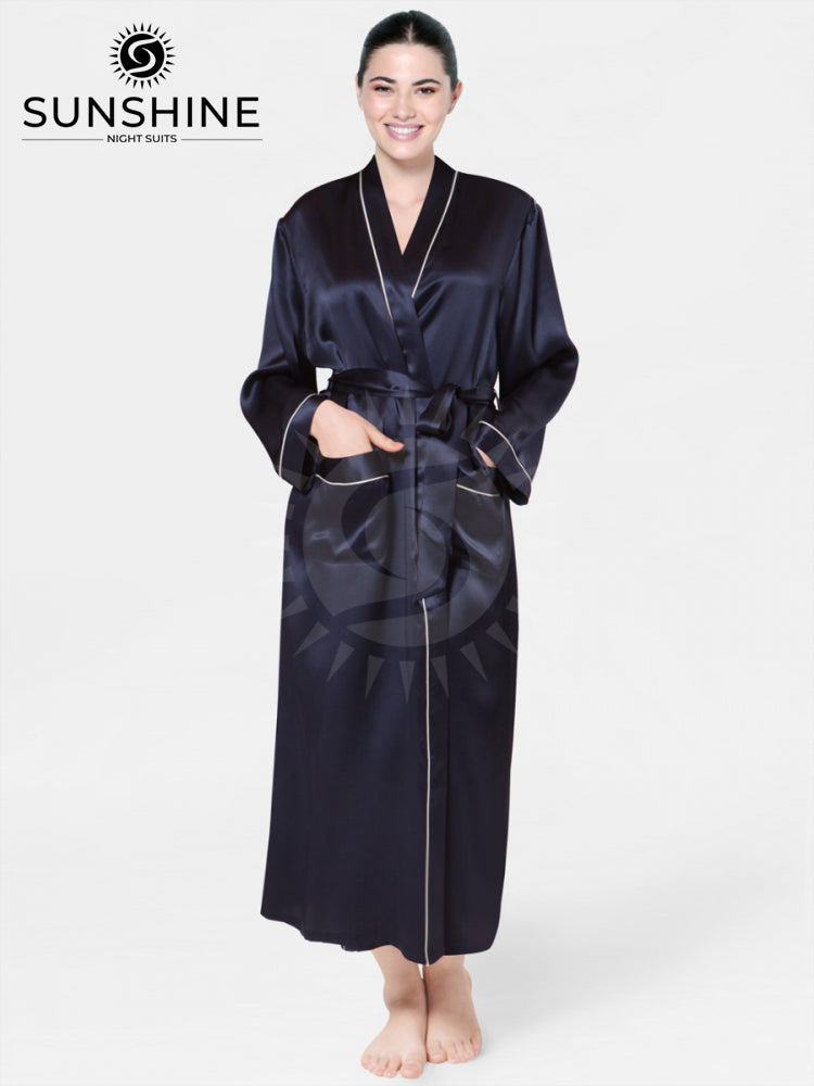 Silk Long Robe Mulberry Navy Blue