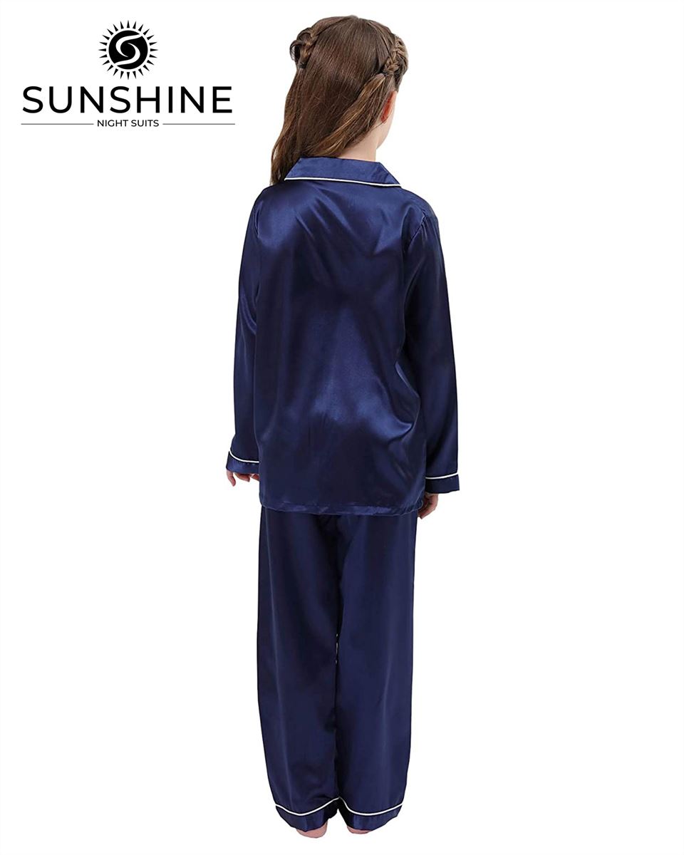 Navy Blue Silk Pajamas Set For Girls