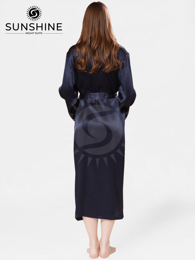 Silk Long Robe Mulberry Navy Blue