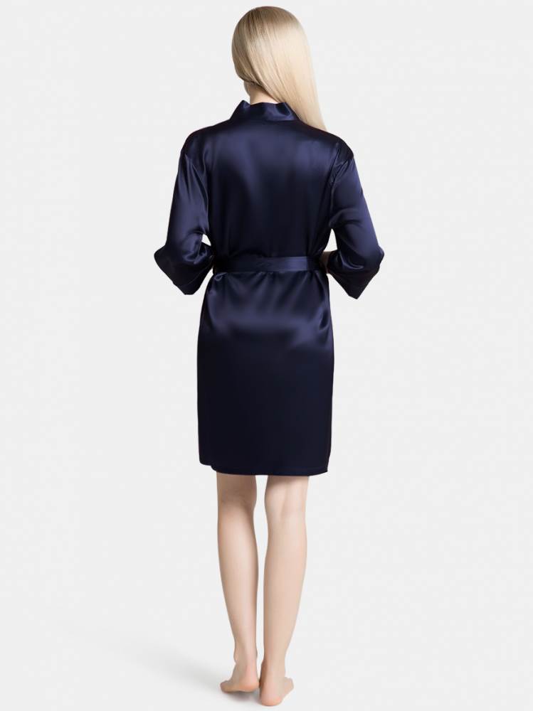 Navy Blue Silky Satin Kimono Short Robe