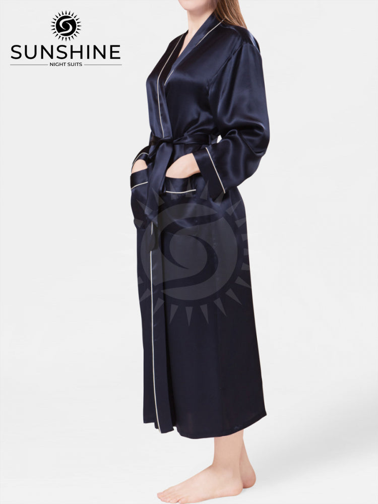 Silk Long Robe Mulberry Navy Blue