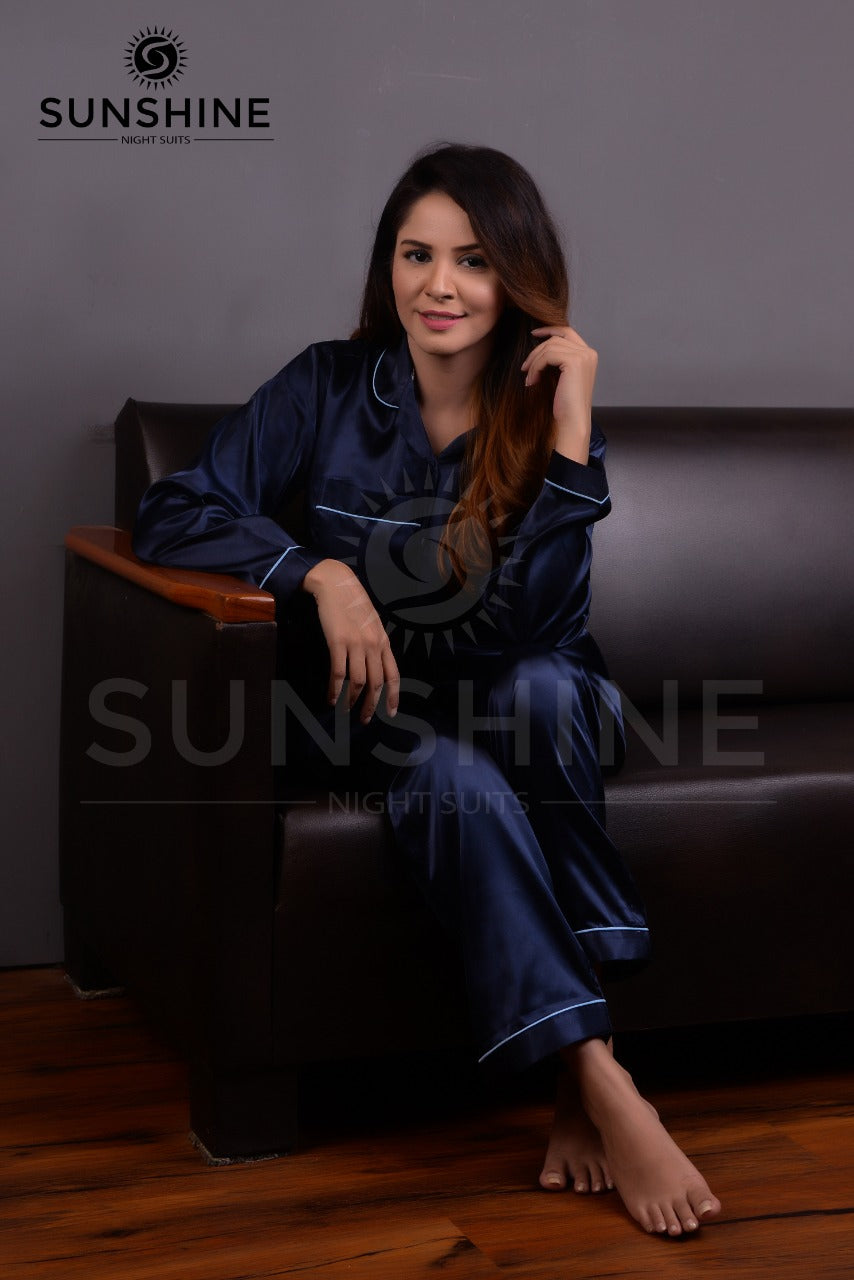 Navy Blue Silk Pajamas For Women