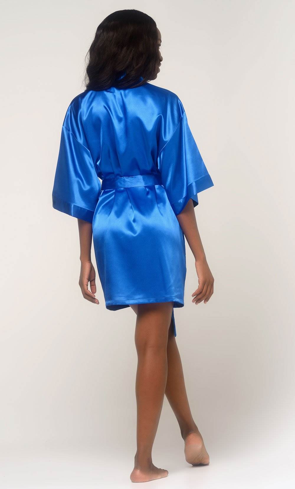 Royal Blue Silky Satin Kimono Short Robe