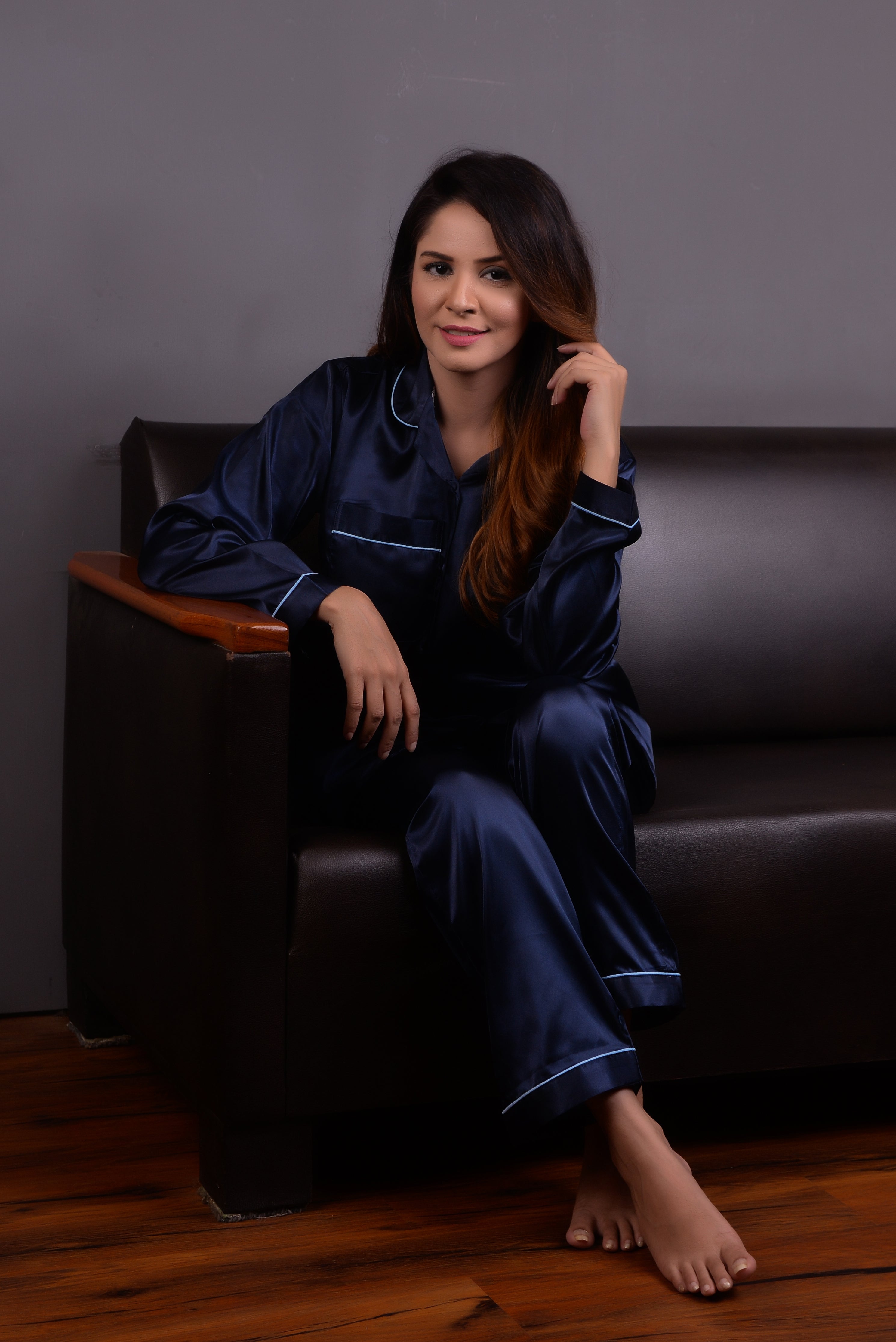 Navy Blue Silk Couple Nightwear Set – Luxurious & Romantic