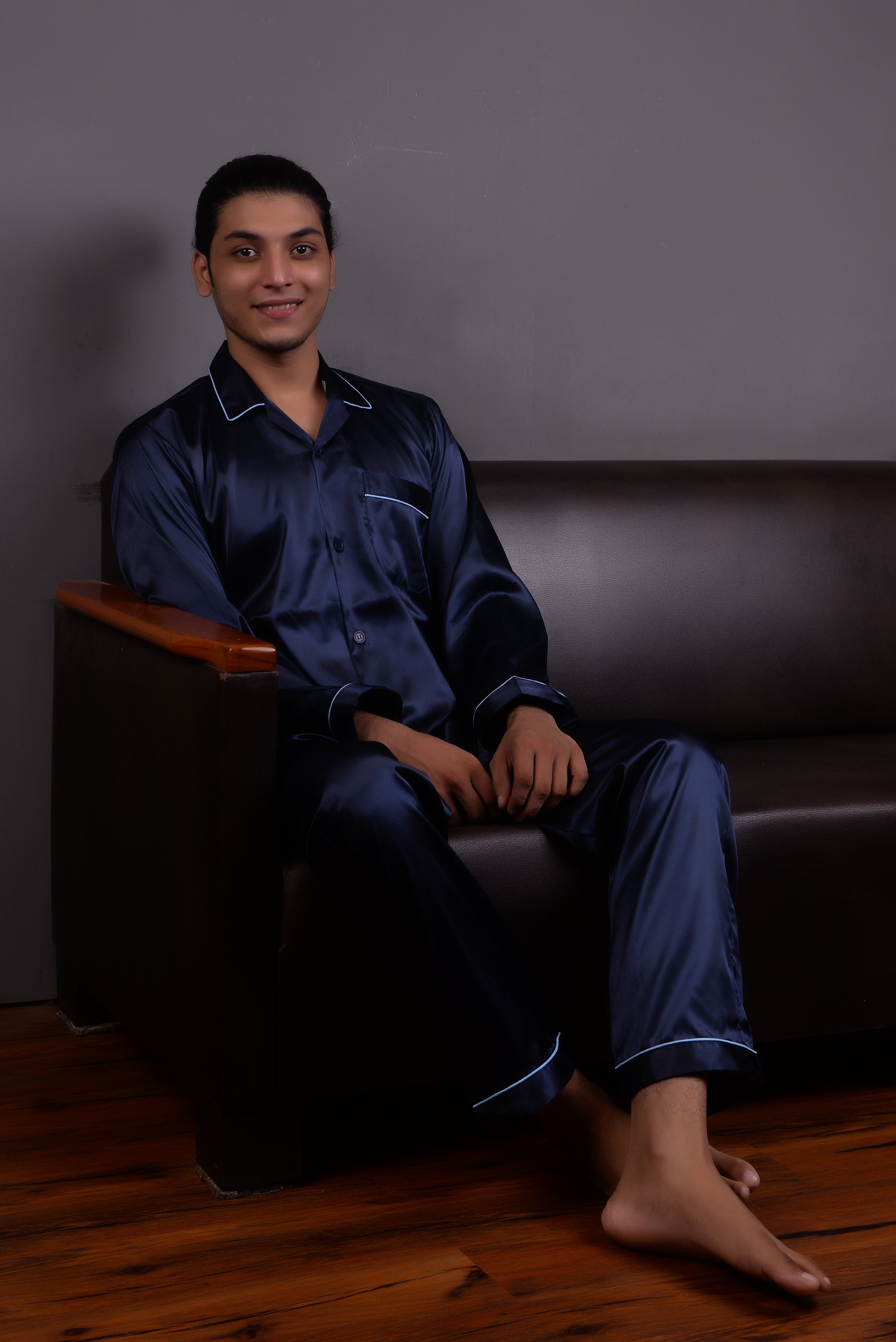 Navy Blue Silk Couple Nightwear Set – Luxurious & Romantic