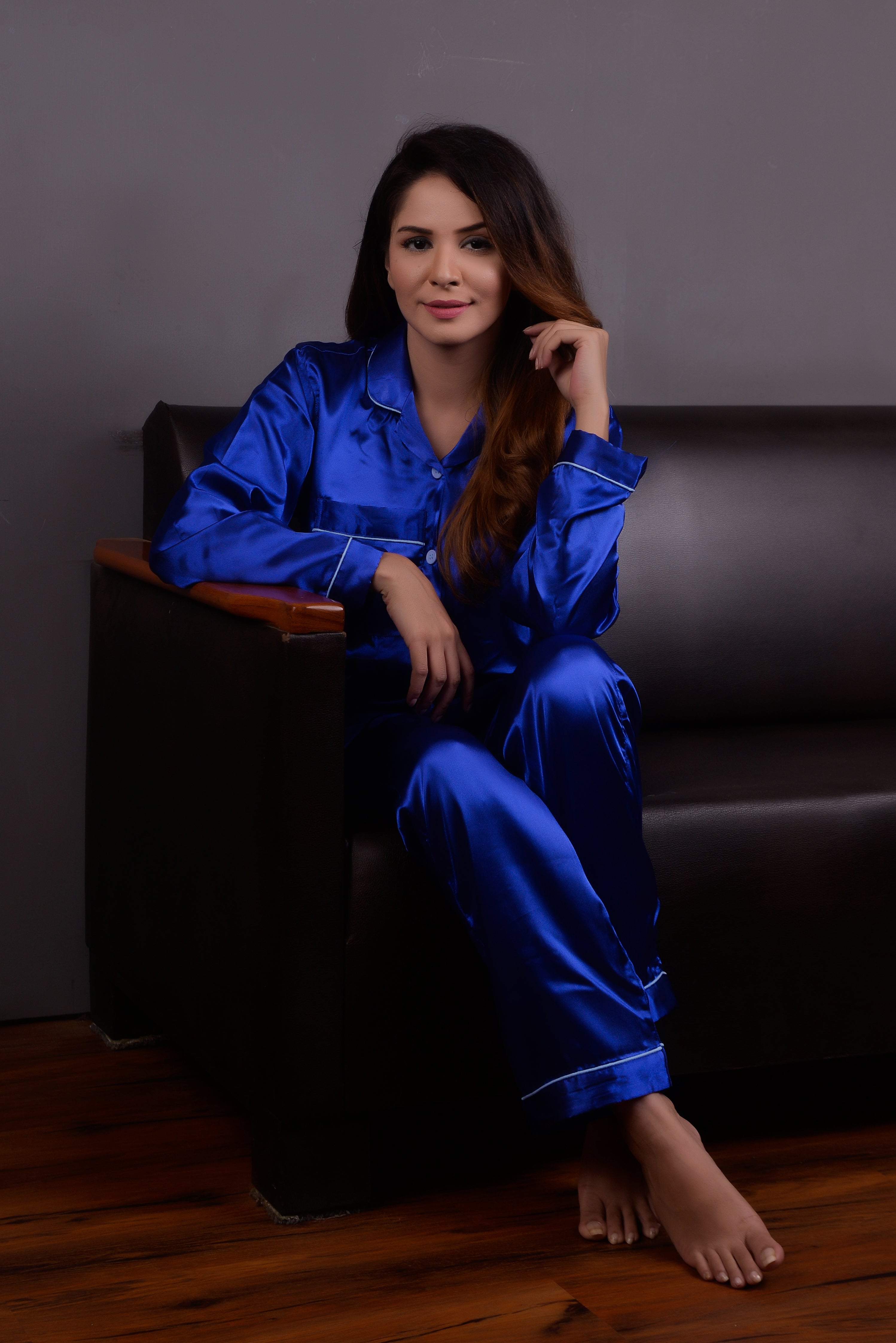 Royal Blue Silk Couple Nightwear Set – Luxurious & Romantic