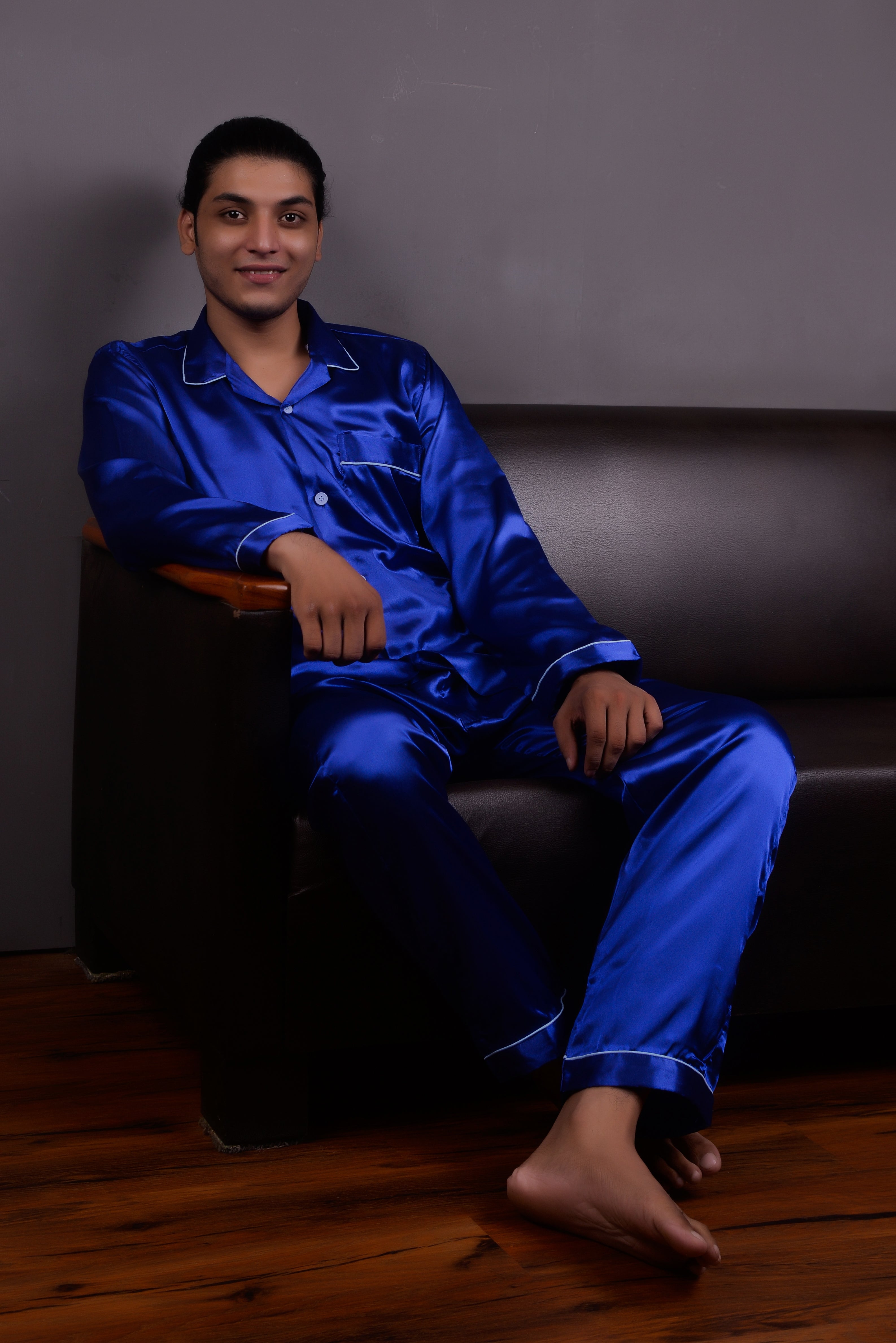 Royal Blue Silk Couple Nightwear Set – Luxurious & Romantic