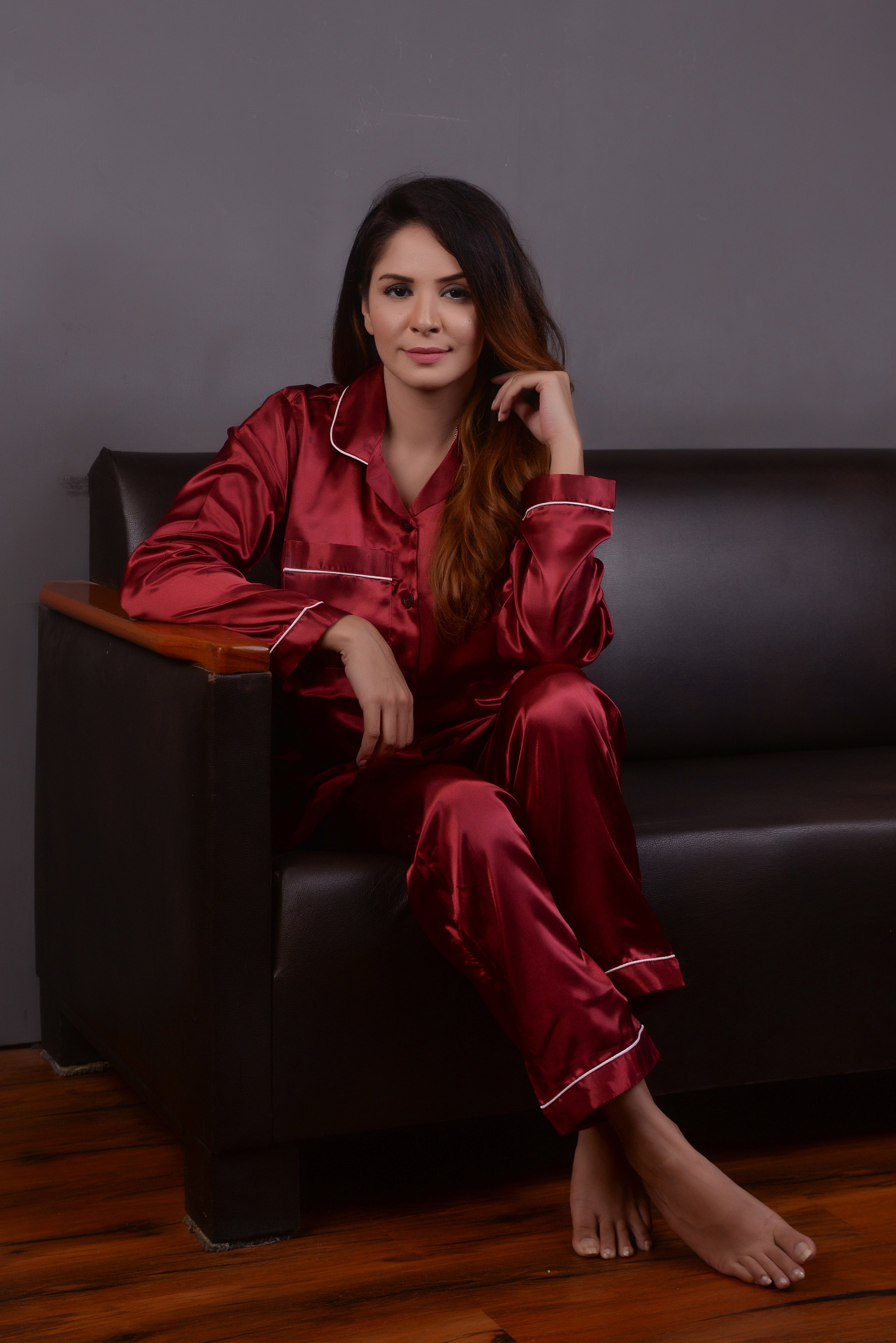 Maroon Silk Couple Nightwear Set – Luxurious & Romantic