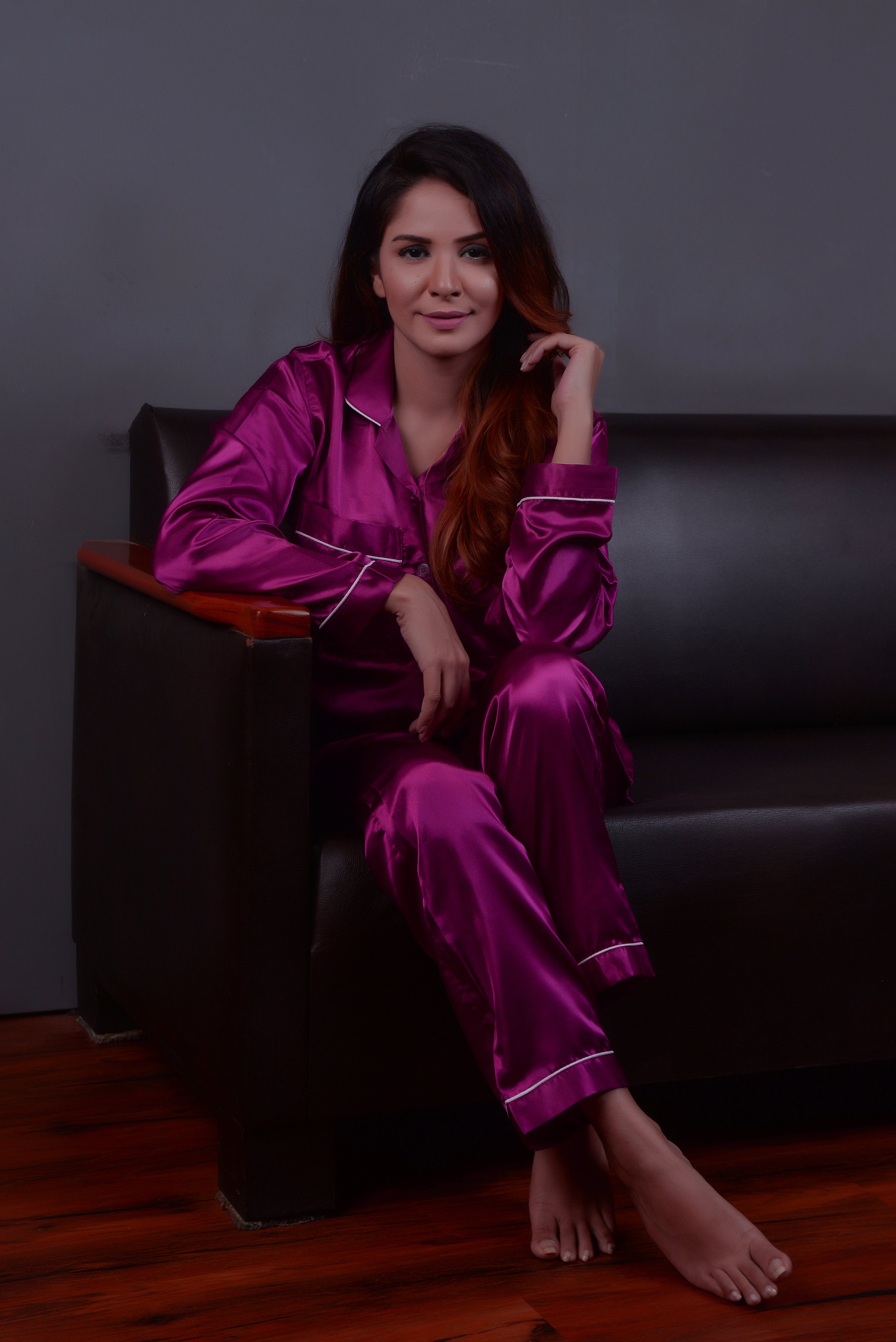 Magenta Silk Couple Nightwear Set – Luxurious & Romantic