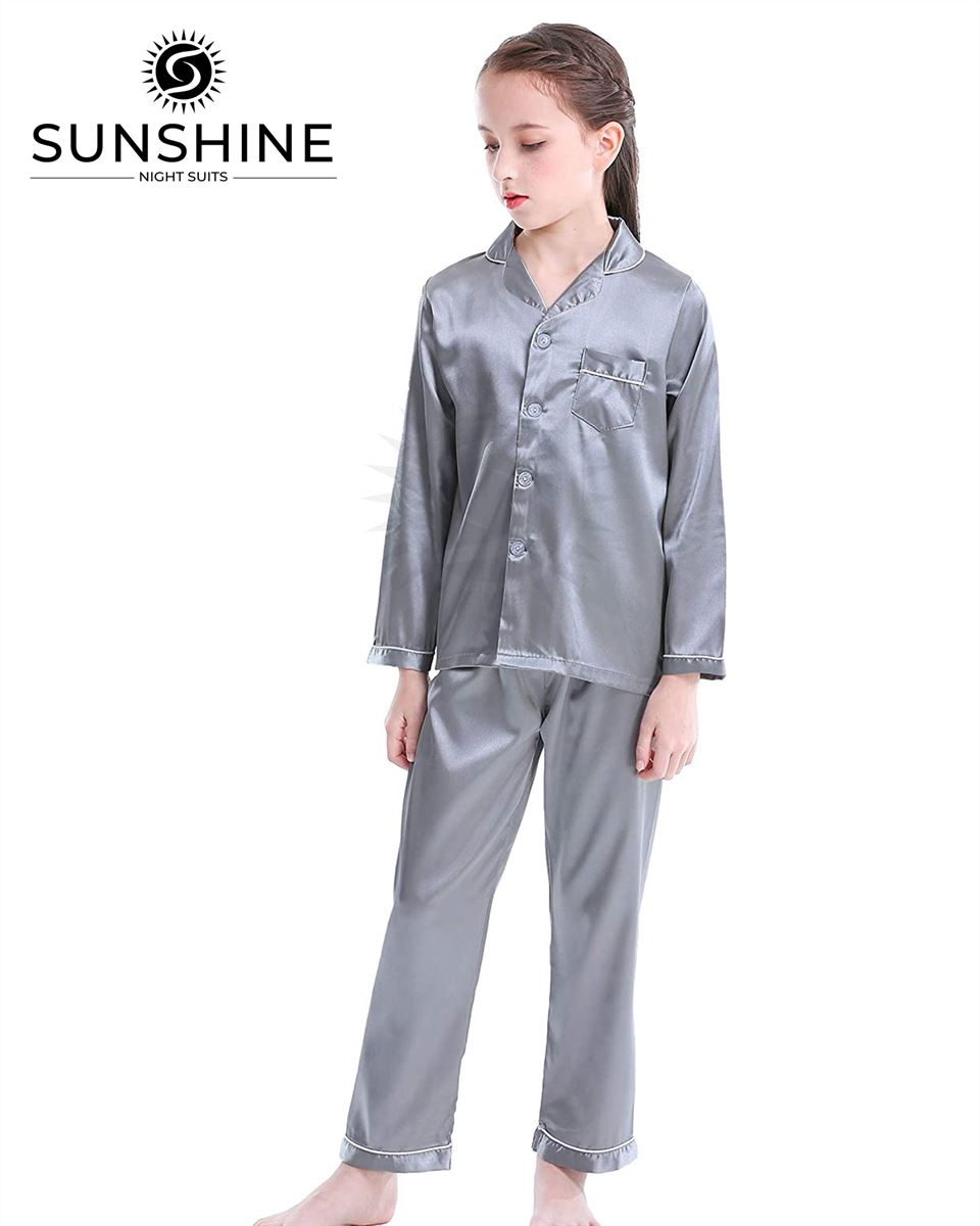 Silver Grey Silk Pajamas Set For Girls