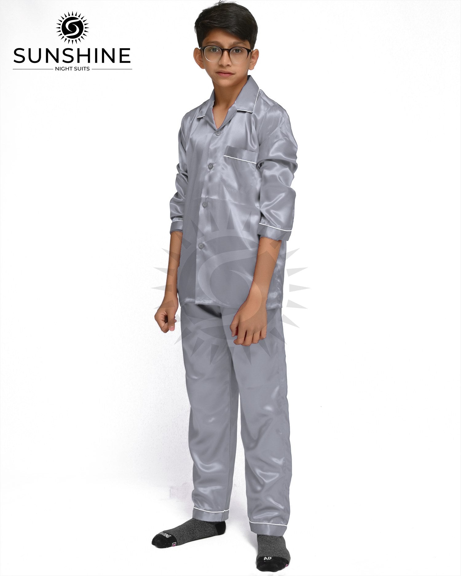 Silver Grey Silk Nightwear For Boys