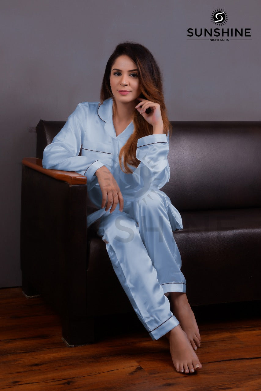 Sky Blue Silk Pajamas For Women
