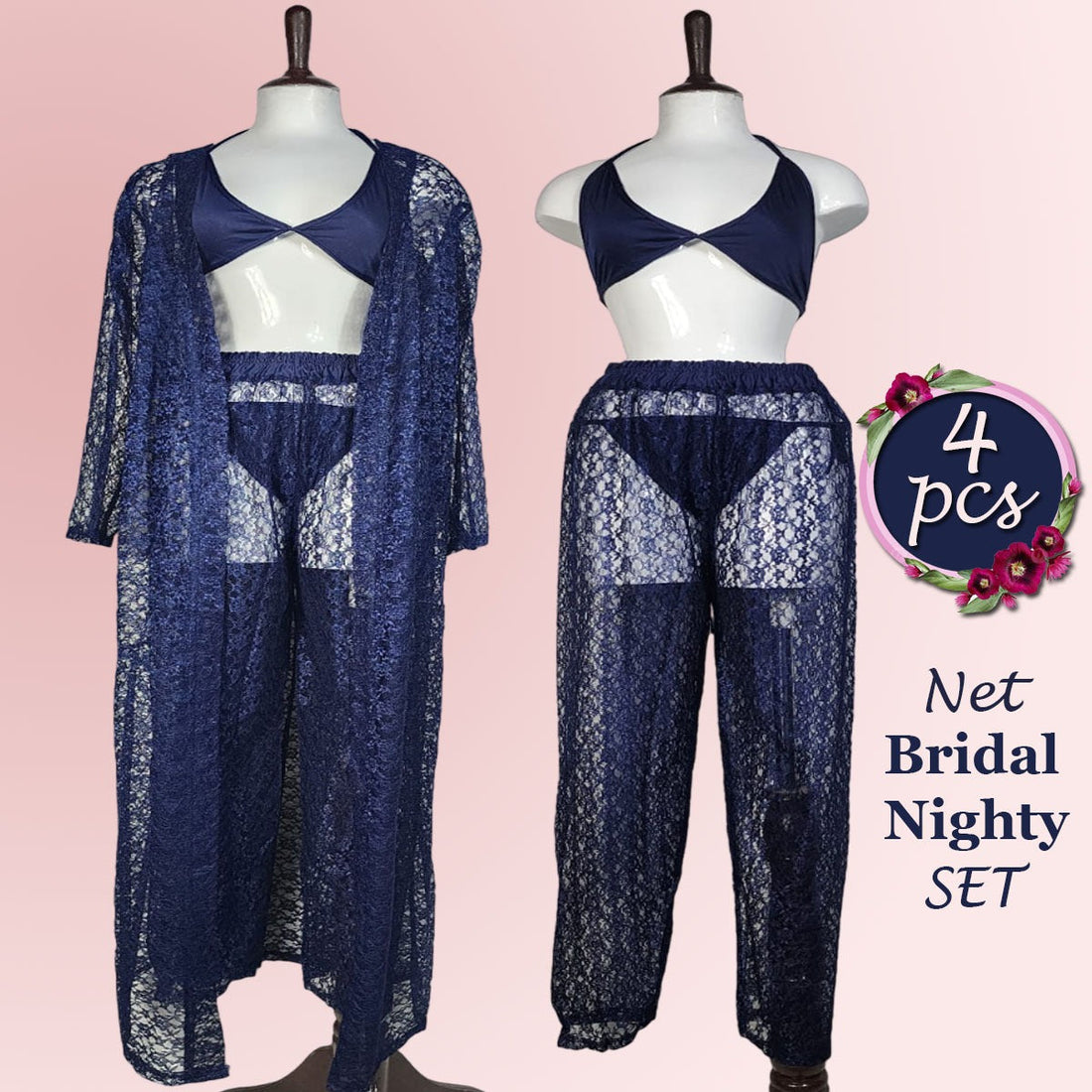 4 pcs High Qaulity Lace Net See Through Bridal Nighty Set