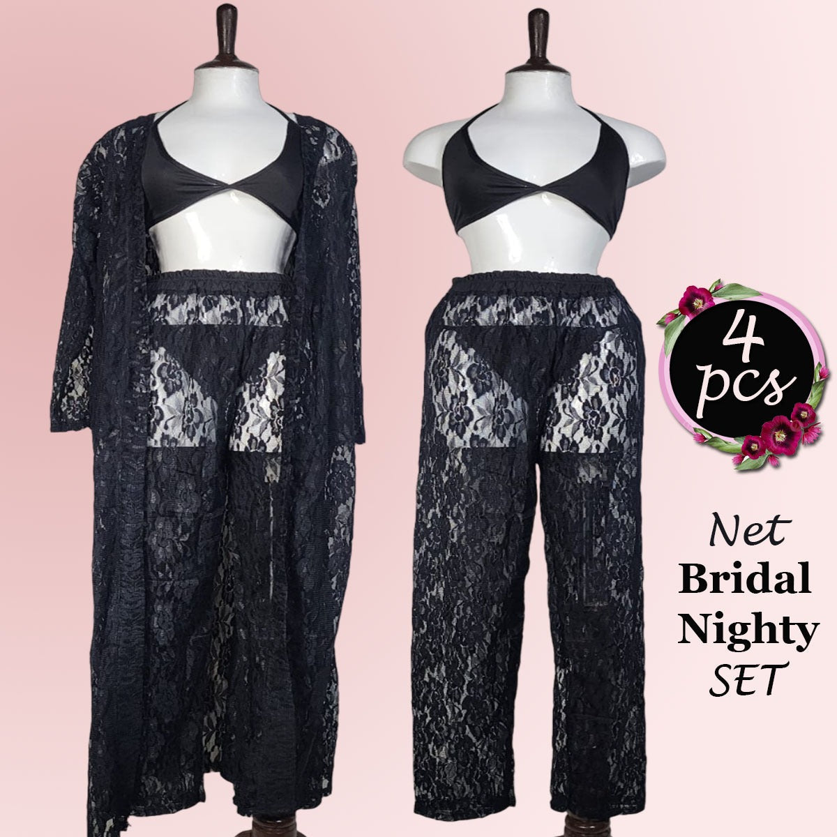 4 pcs High Qaulity Lace Net See Through Bridal Nighty Set