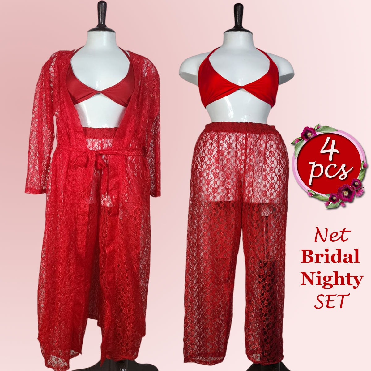 4 pcs High Qaulity Lace Net See Through Bridal Nighty Set