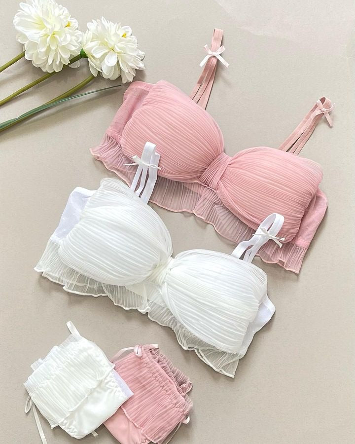 Cute Lace Bow Style Too Soft & Comfy Adjustable Straps Back Closure Bridal Padded Bra Panty Set
