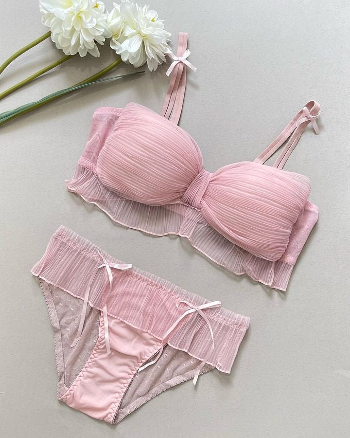 Cute Lace Bow Style Too Soft & Comfy Adjustable Straps Back Closure Bridal Padded Bra Panty Set