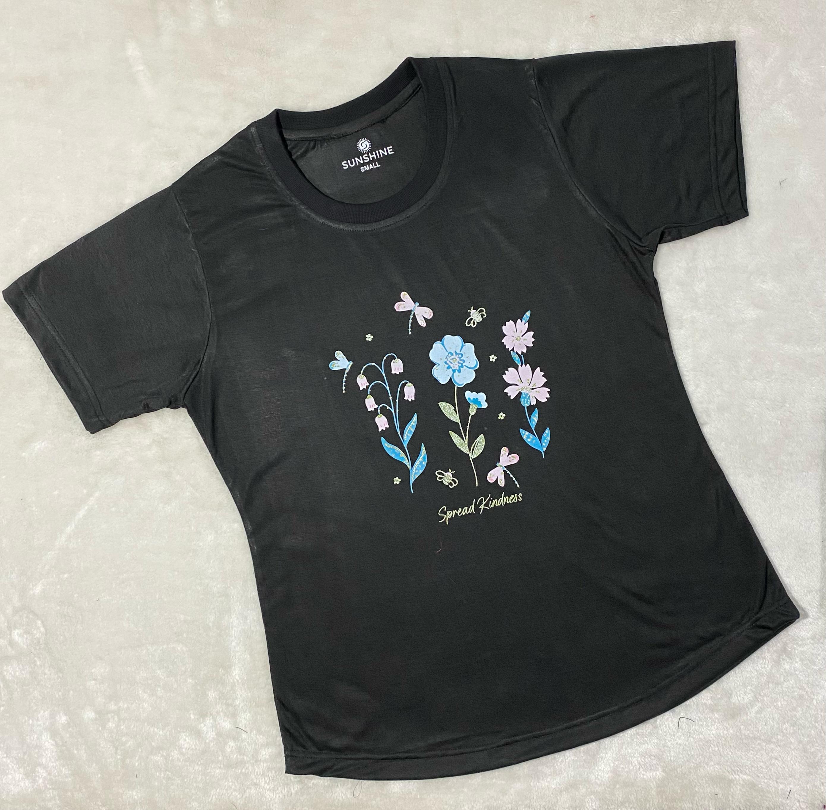 Black Floral Print T-Shirt & Pajama Set For Ladies PJ-02