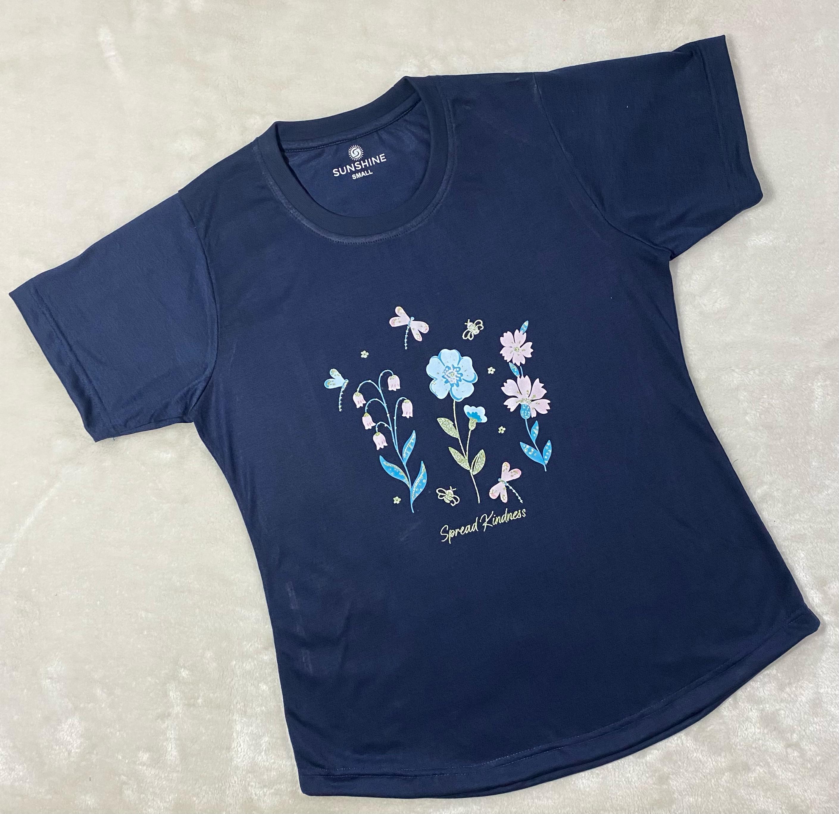 Navy Blue Floral Print T-Shirt & Pajama Set For Ladies PJ-01