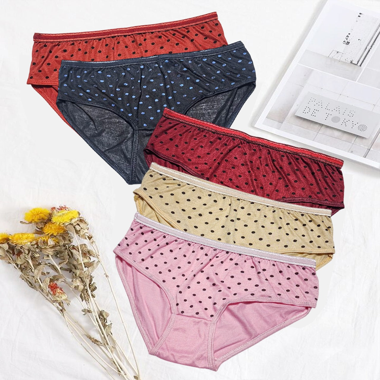 Budget Pack Of 5 Comfortable Polka Dotted Cotton Brief Women Seamless Underwear Panties 3201