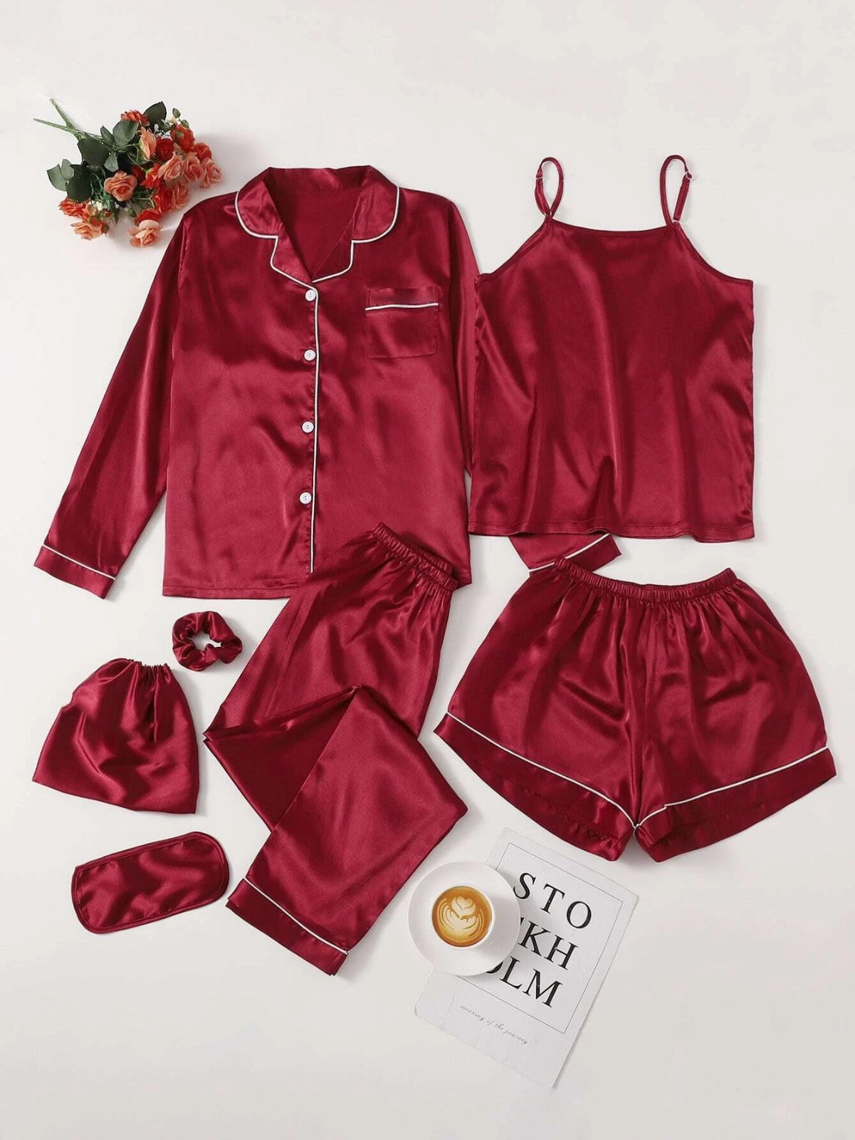 Flourish 7 pcs Non Padded Silk Satin Pajama Set Cami Top Nightgown Sexy Sleepwear Robe Sets Lace Nightdress