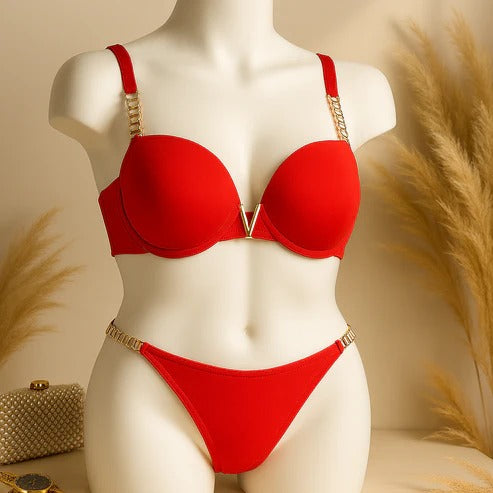 High Quality New Style Chain Straps Front Metal V buckel Bra & Panty Set 195